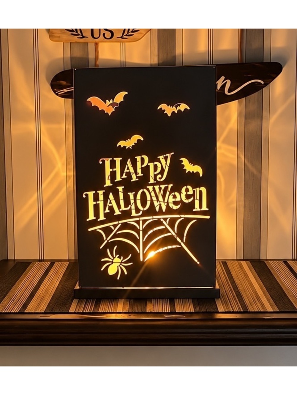 Metal Halloween Lantern with Cutout Bats, Spider Web, and Happy Halloween Design